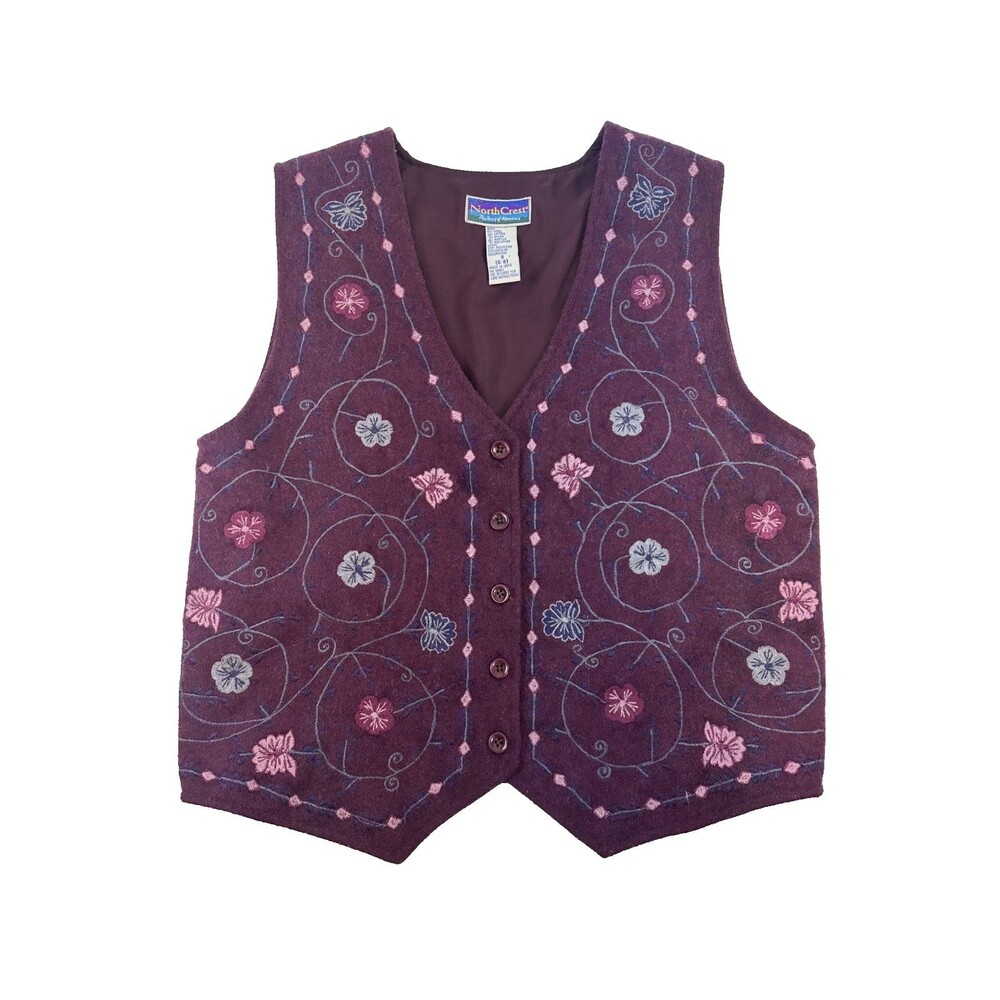 NorthCrest Purple Wool Blend Vest Button Floral Embroidered V-Neck Womens Small